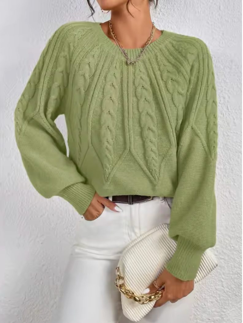 Women's Cropped Round Neck Cable Knit Long Sleeve Pullover