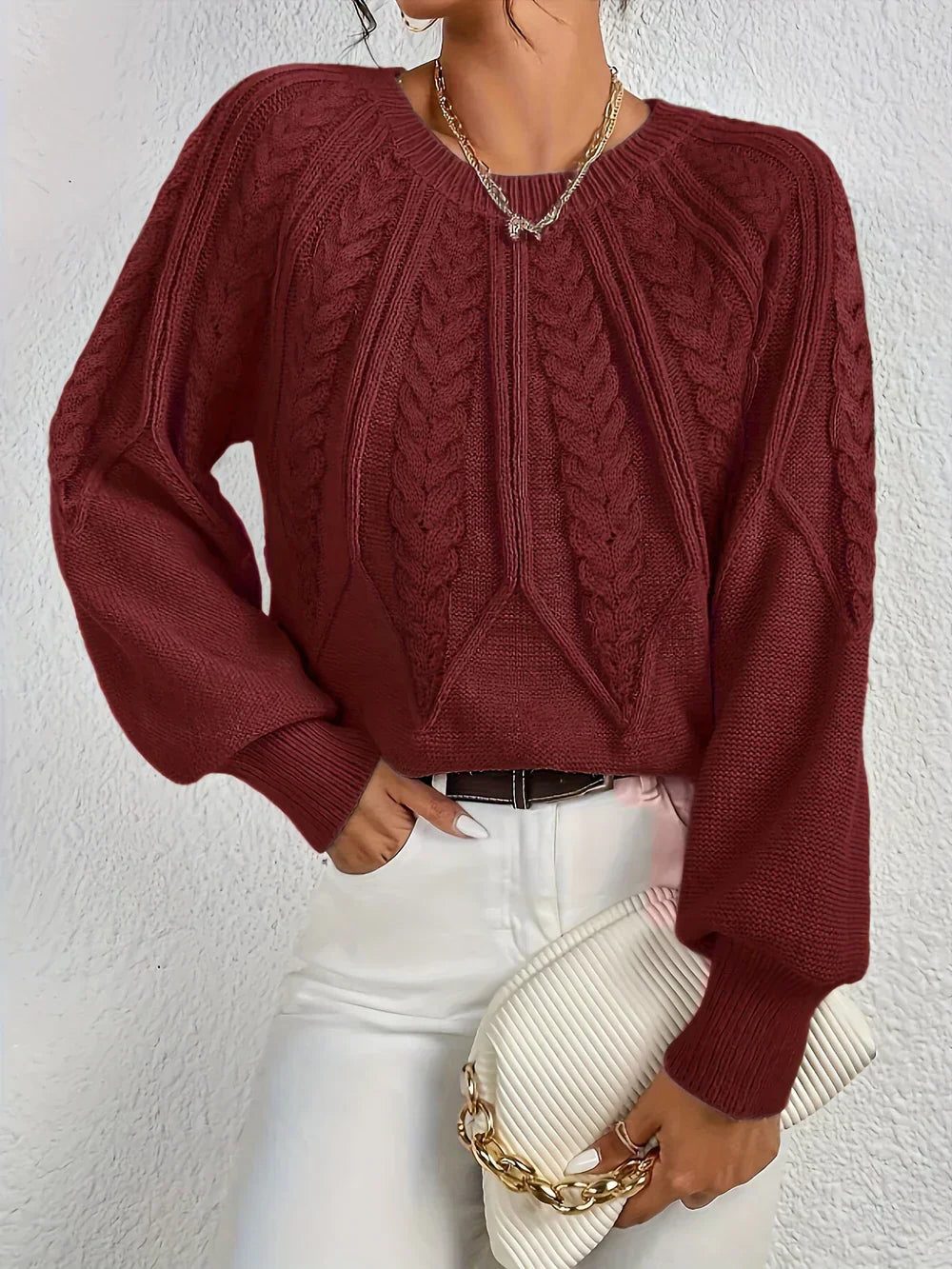 Women's Cropped Round Neck Cable Knit Long Sleeve Pullover
