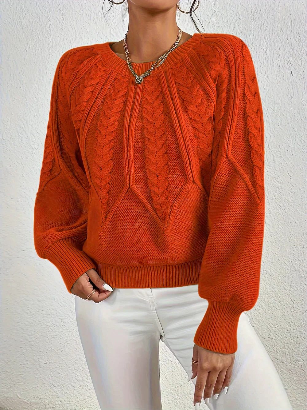 Women's Cropped Round Neck Cable Knit Long Sleeve Pullover