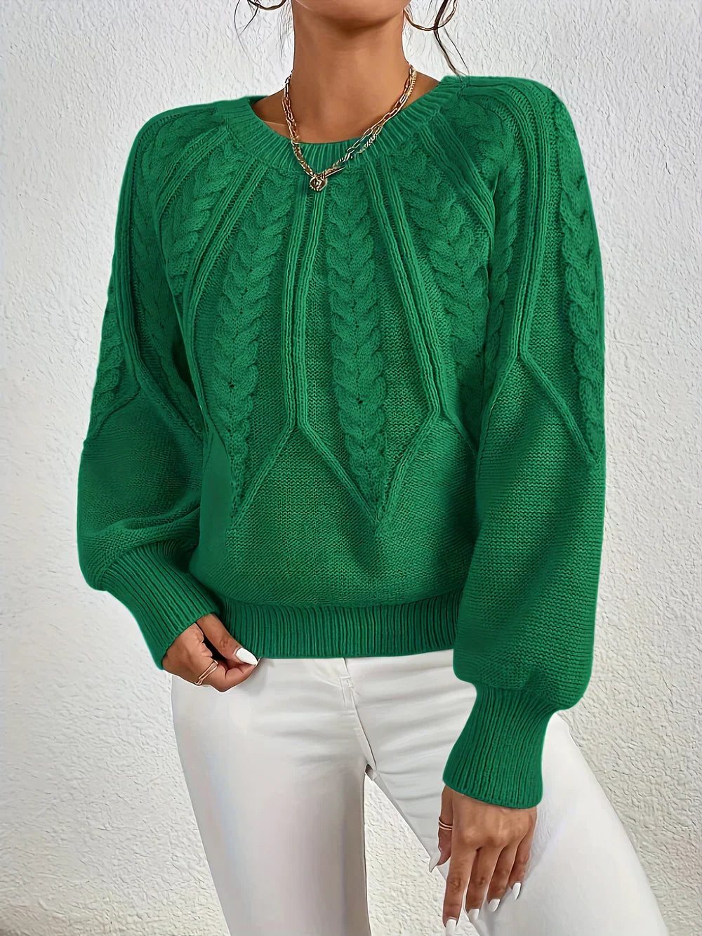 Women's Cropped Round Neck Cable Knit Long Sleeve Pullover