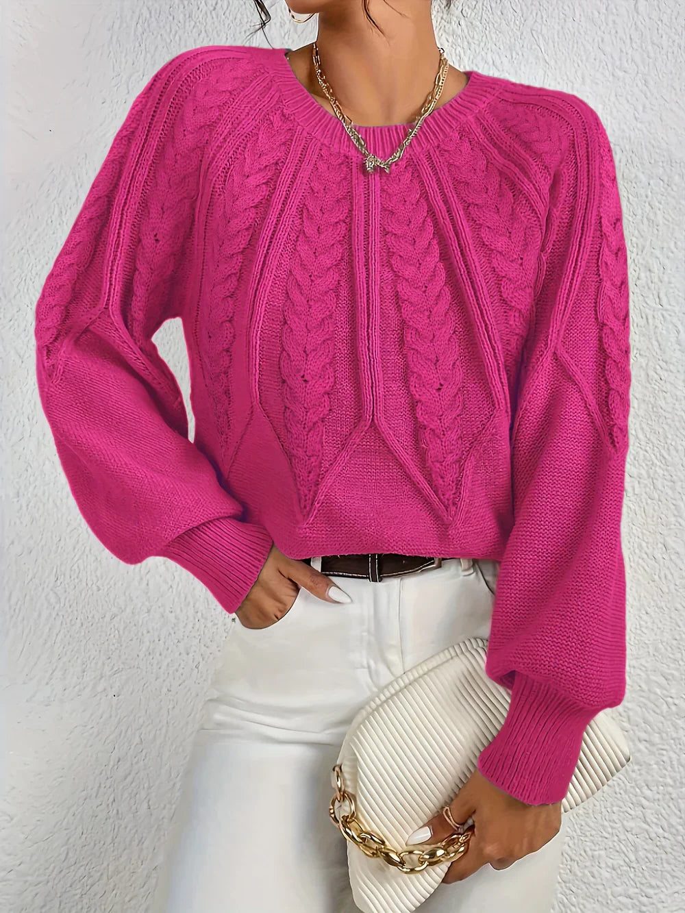 Women's Cropped Round Neck Cable Knit Long Sleeve Pullover
