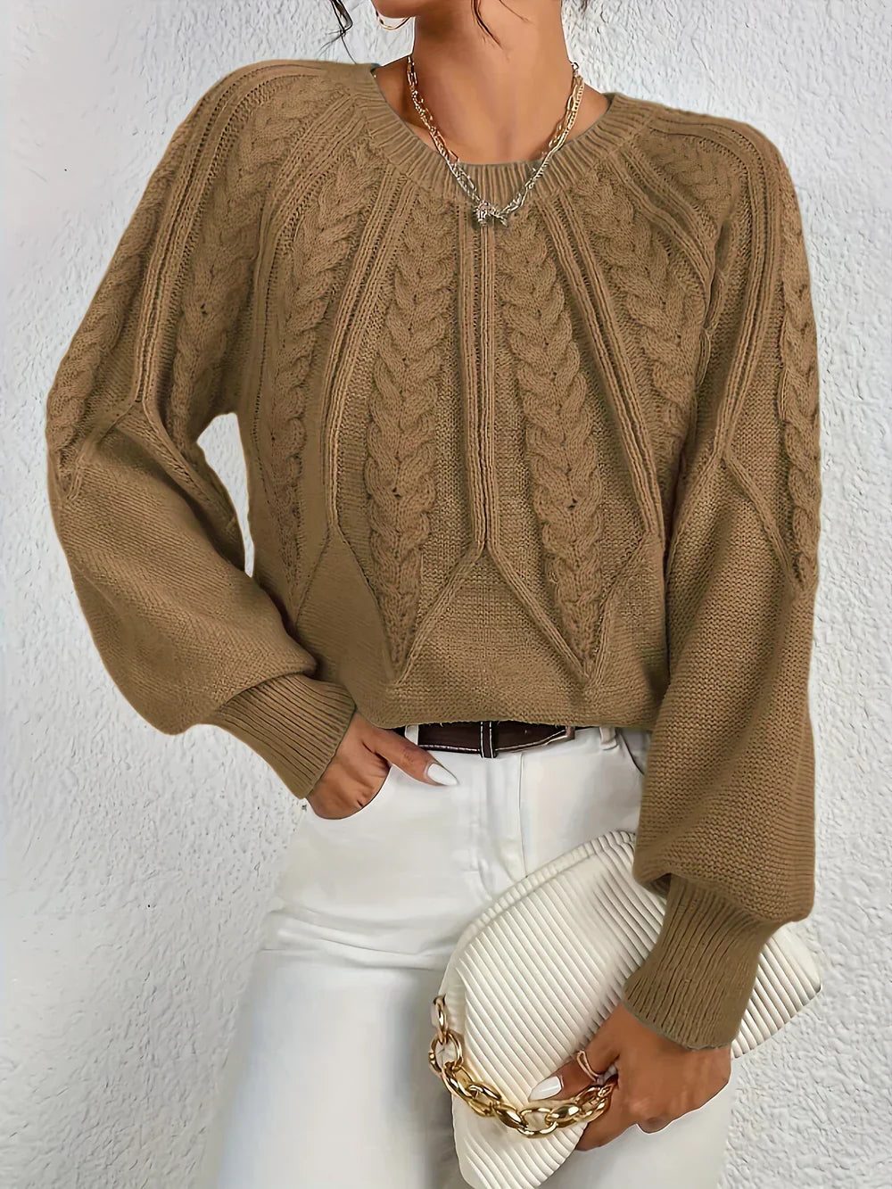 Women's Cropped Round Neck Cable Knit Long Sleeve Pullover