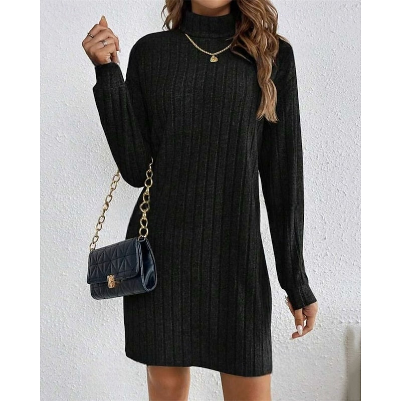Women's Ribbed Knit Turtleneck Long Pullover Dress