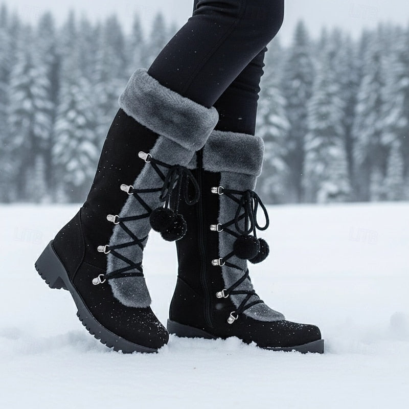 Women's Lace-Up Snow Boots with Fur Trimmed Cuff