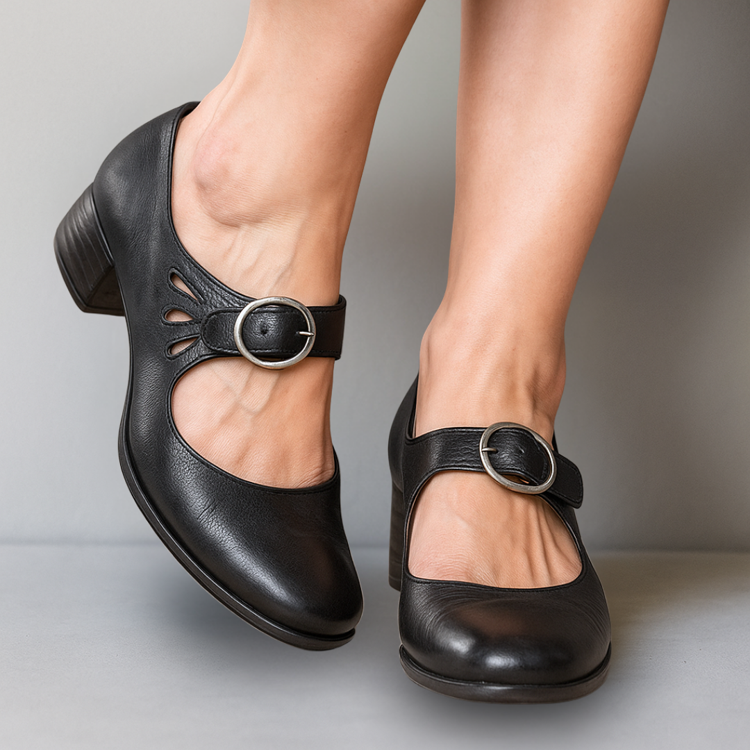 Women's Smooth Leather Buckled Ankle Strap Mary Jane Heels