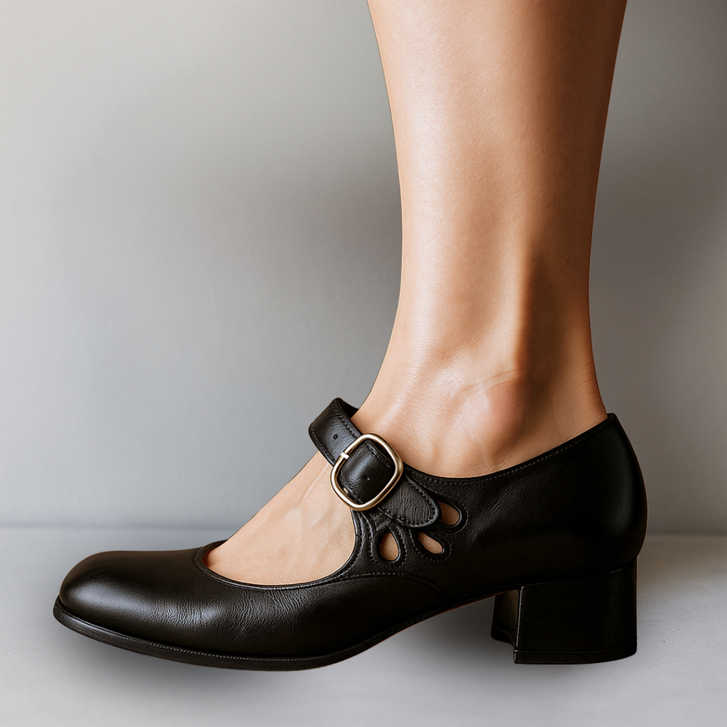Women's Smooth Leather Buckled Ankle Strap Mary Jane Heels