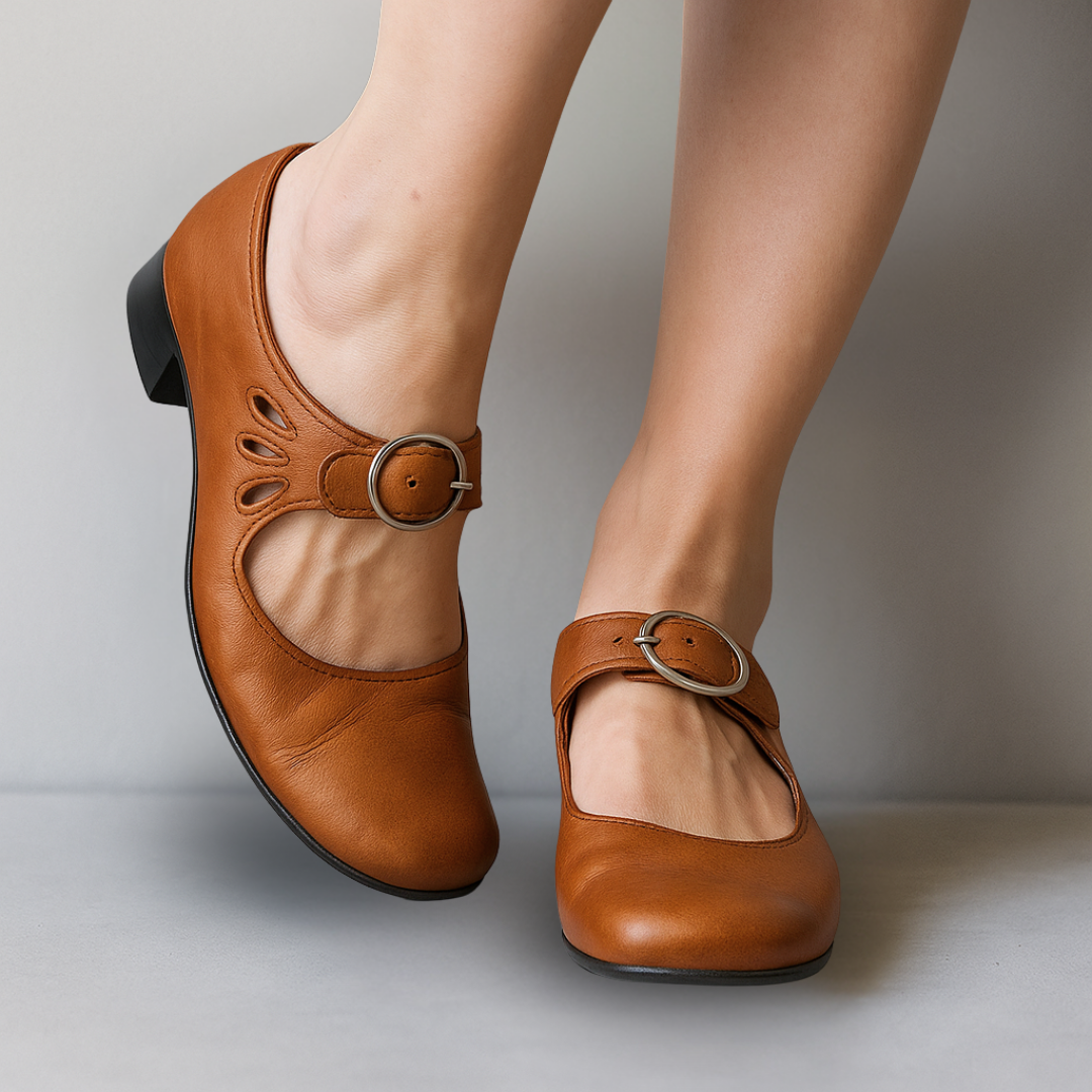 Women's Smooth Leather Buckled Ankle Strap Mary Jane Heels