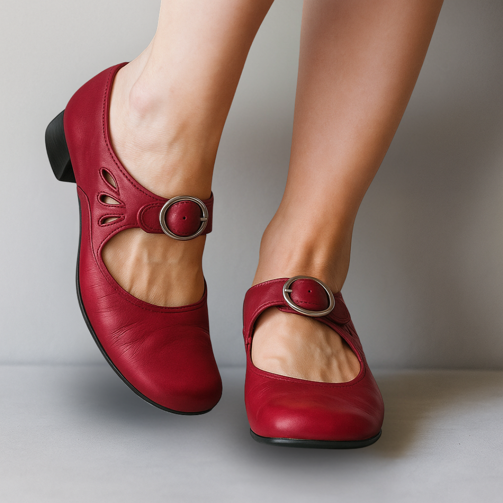 Women's Smooth Leather Buckled Ankle Strap Mary Jane Heels