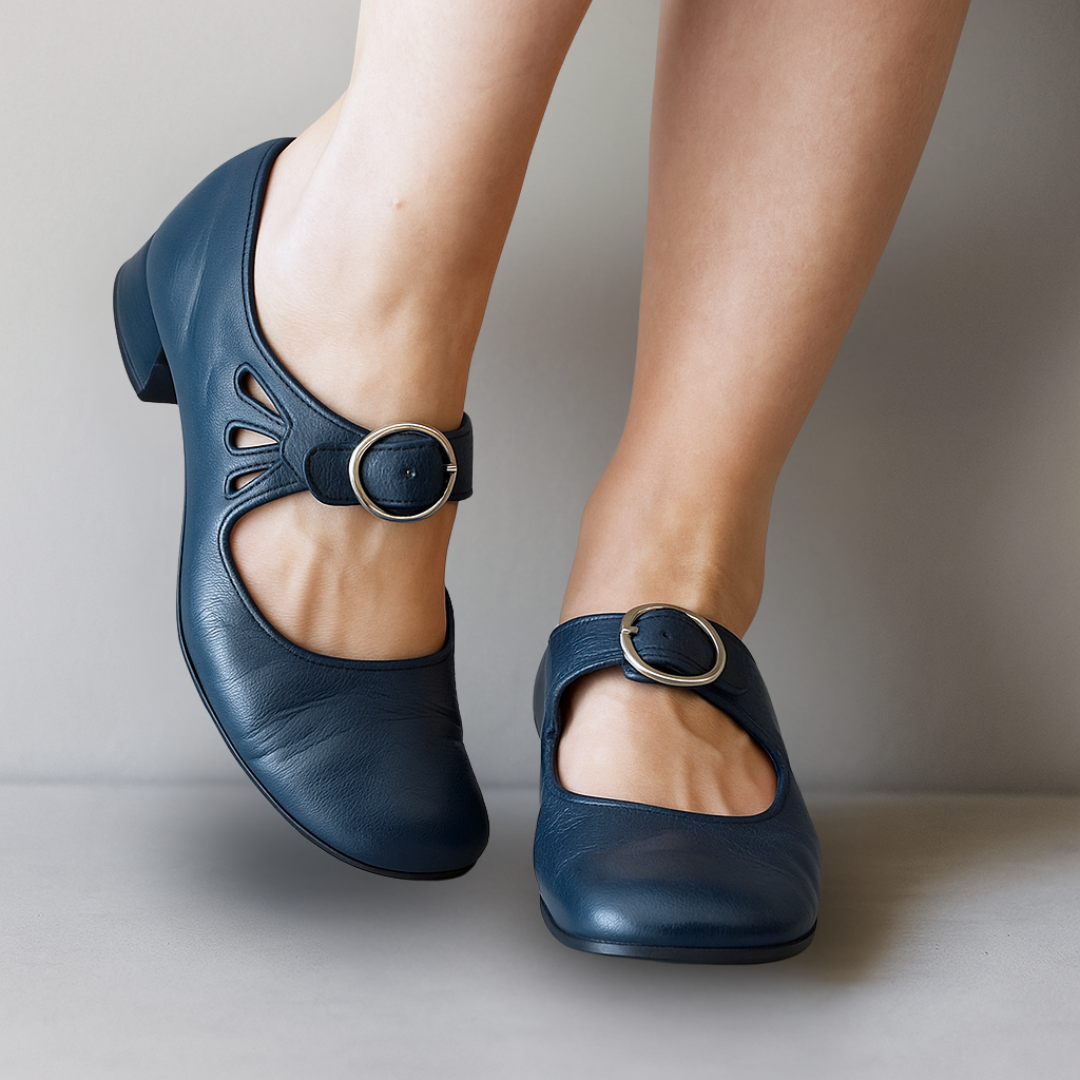 Women's Smooth Leather Buckled Ankle Strap Mary Jane Heels