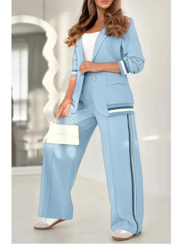 Women's Wide Leg Pants Stripe Trim Blazer Suit