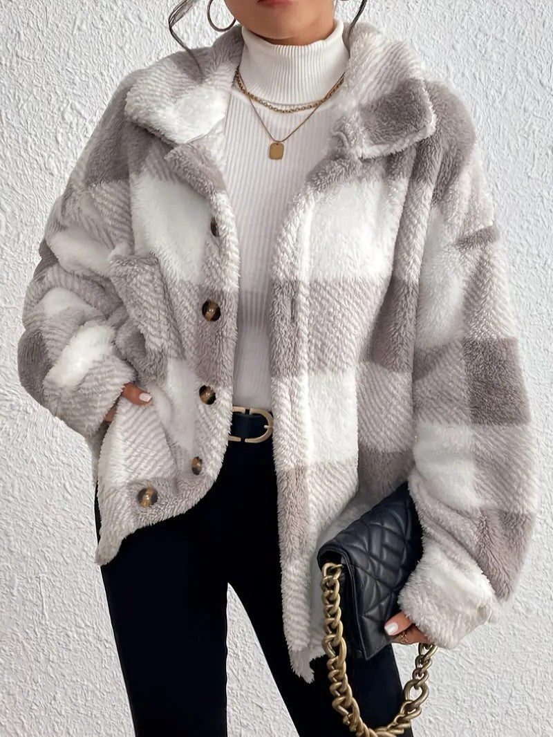 Women's Fluffy Button-Up Plaid Coat in Oversized Fit