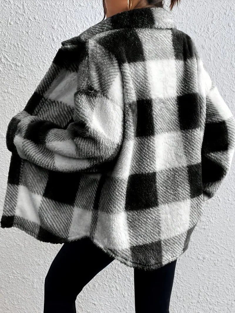 Women's Fluffy Button-Up Plaid Coat in Oversized Fit