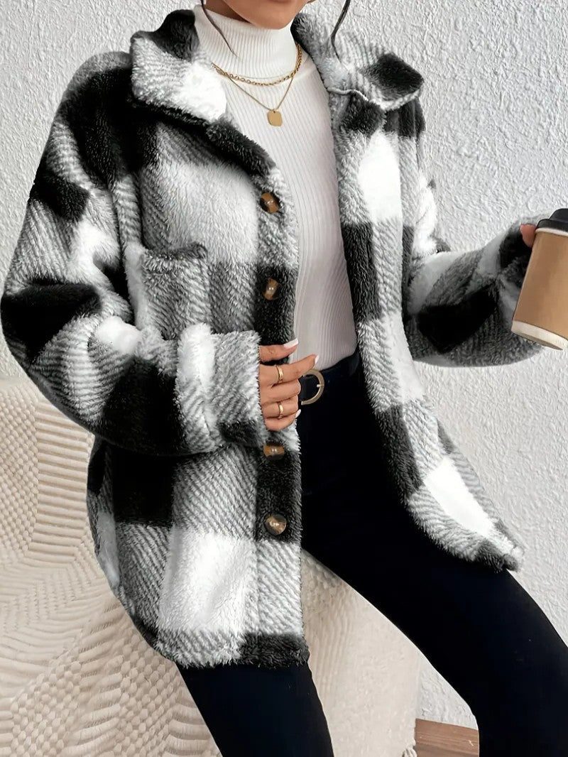 Women's Fluffy Button-Up Plaid Coat in Oversized Fit