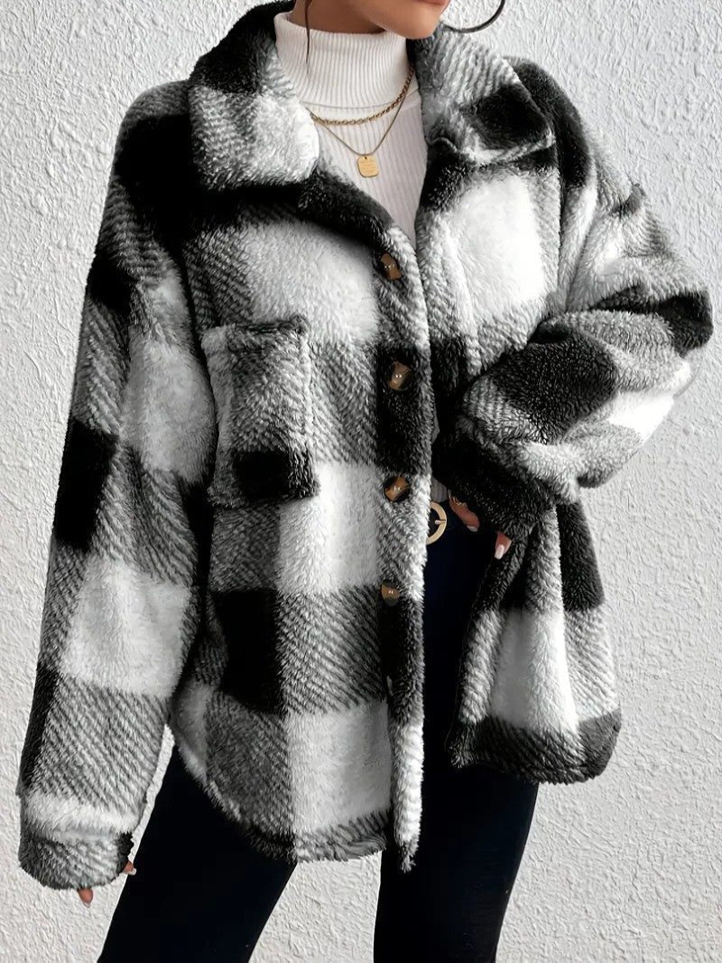 Women's Fluffy Button-Up Plaid Coat in Oversized Fit