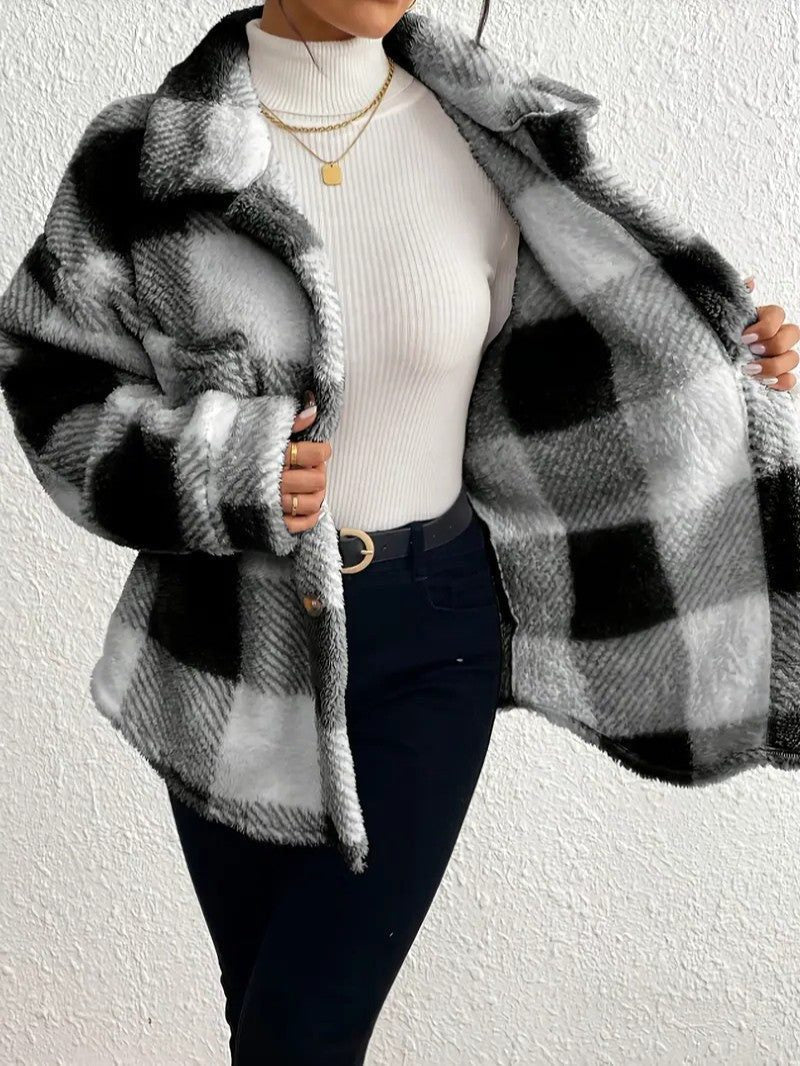 Women's Fluffy Button-Up Plaid Coat in Oversized Fit