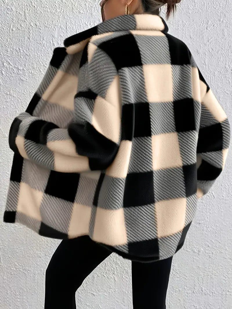 Women's Fluffy Button-Up Plaid Coat in Oversized Fit