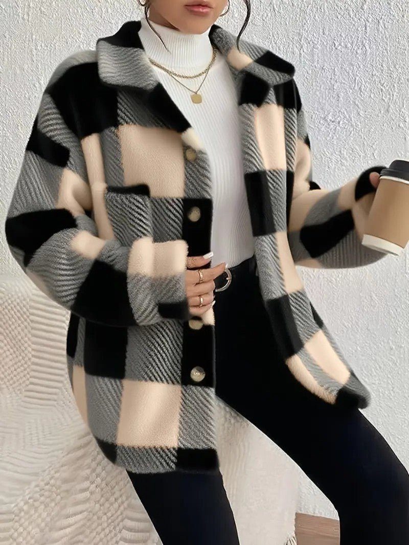 Women's Fluffy Button-Up Plaid Coat in Oversized Fit