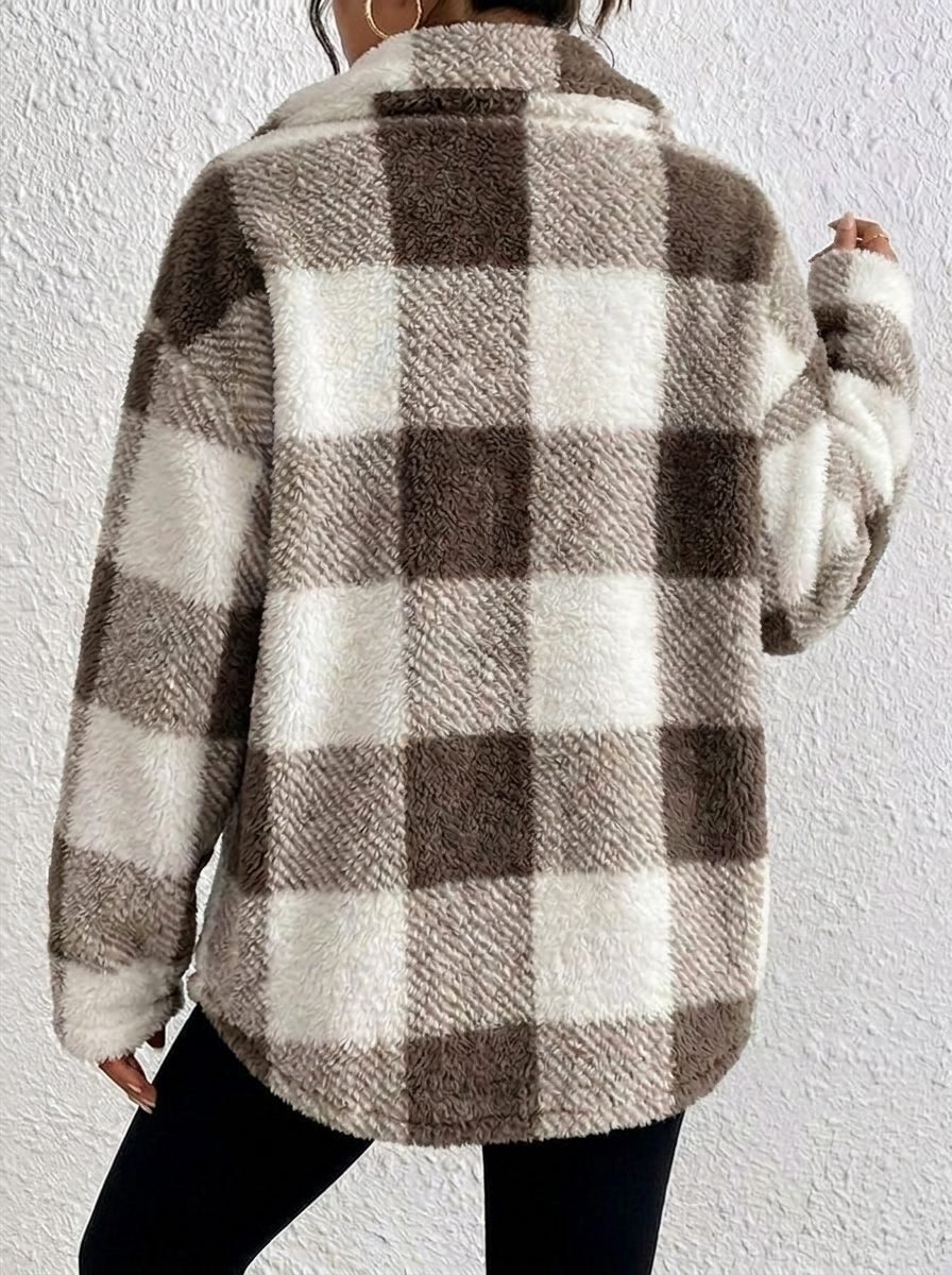 Women's Fluffy Button-Up Plaid Coat in Oversized Fit