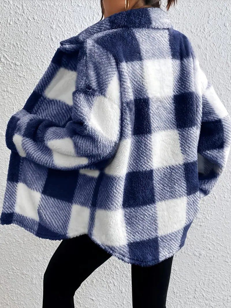 Women's Fluffy Button-Up Plaid Coat in Oversized Fit