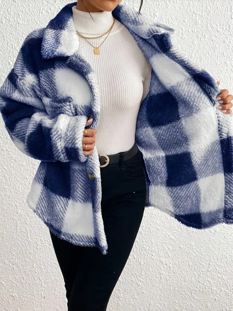 Women's Fluffy Button-Up Plaid Coat in Oversized Fit