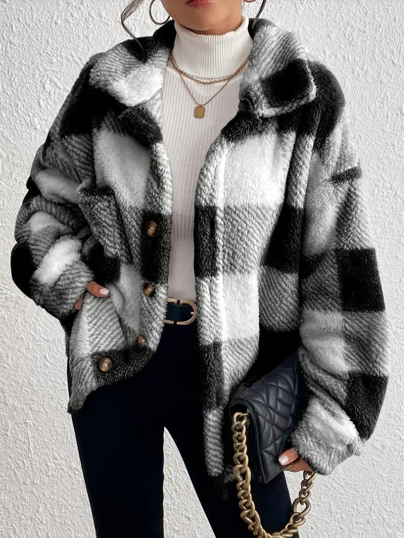 Women's Fluffy Button-Up Plaid Coat in Oversized Fit