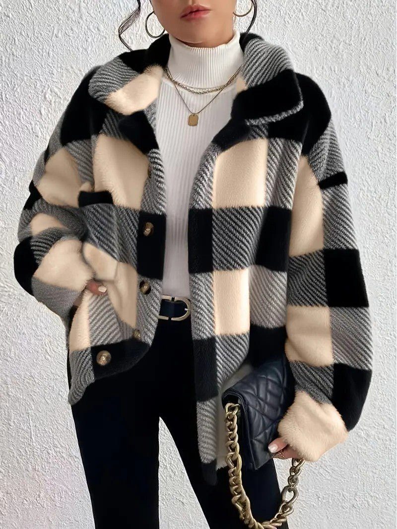 Women's Fluffy Button-Up Plaid Coat in Oversized Fit