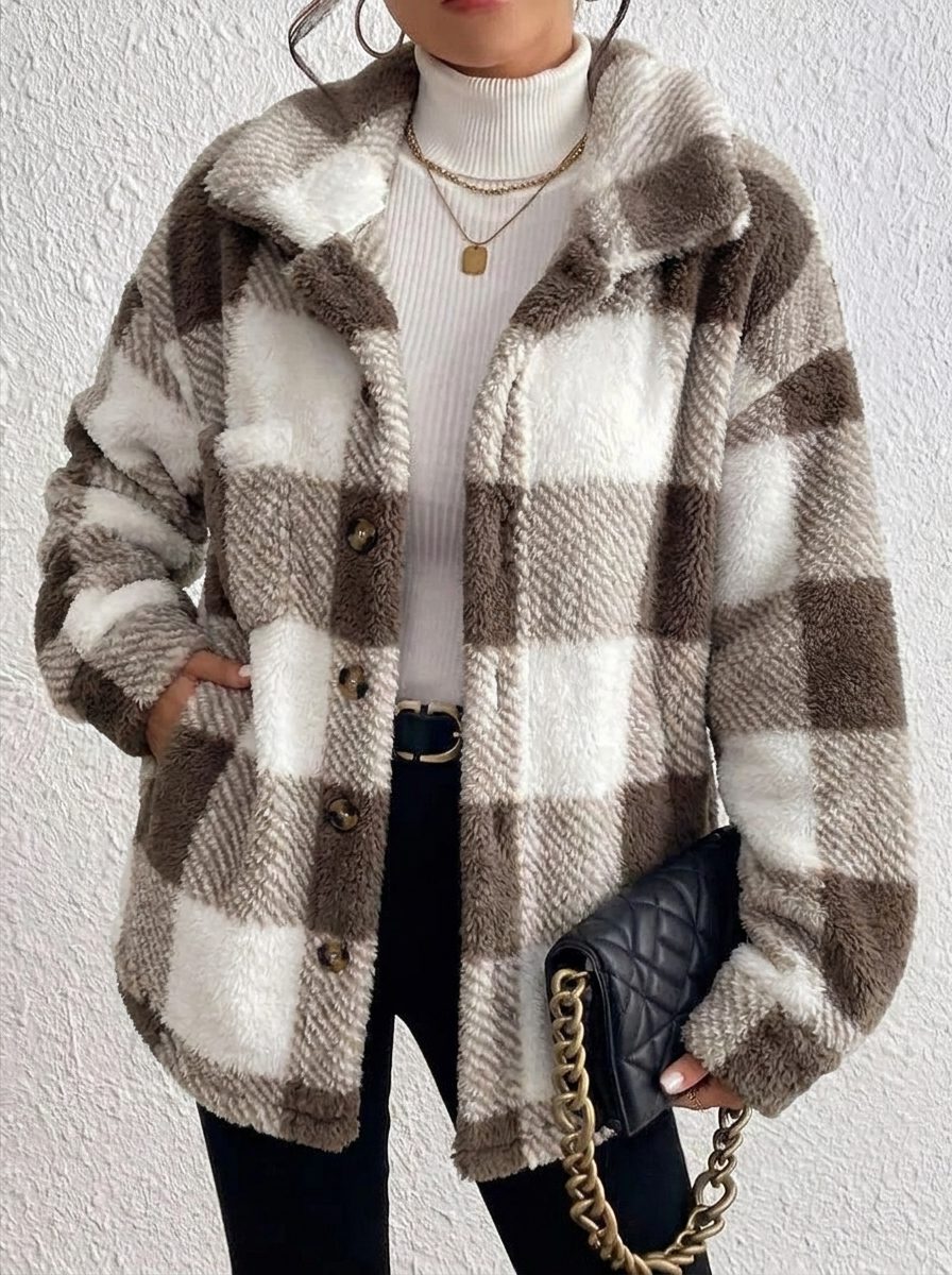 Women's Fluffy Button-Up Plaid Coat in Oversized Fit