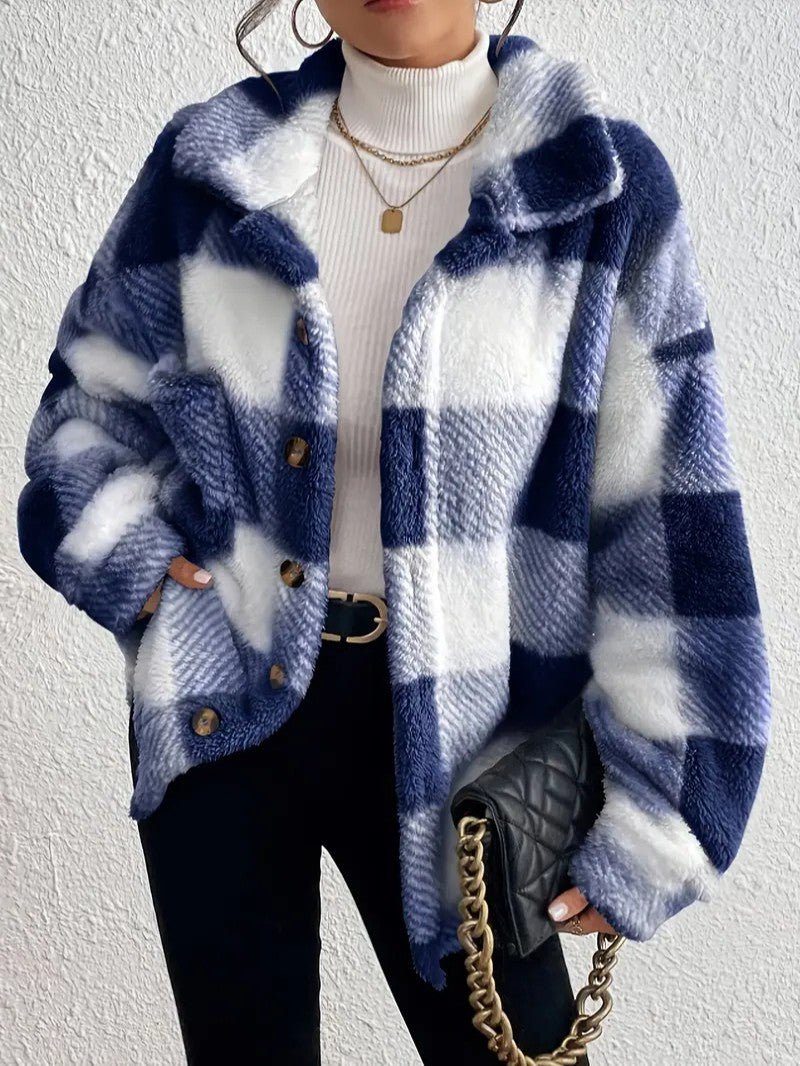 Women's Fluffy Button-Up Plaid Coat in Oversized Fit