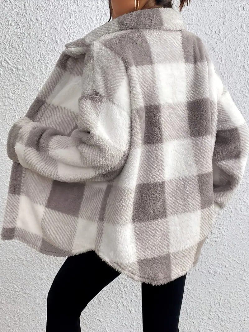 Women's Fluffy Button-Up Plaid Coat in Oversized Fit