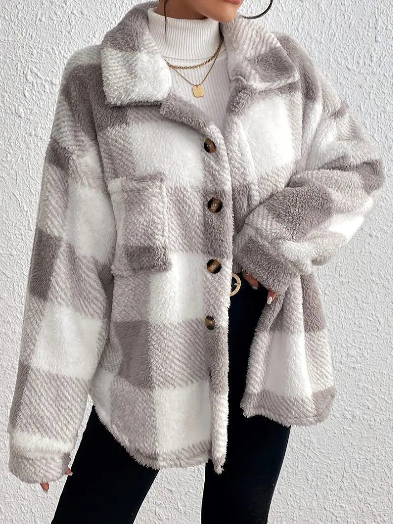 Women's Fluffy Button-Up Plaid Coat in Oversized Fit