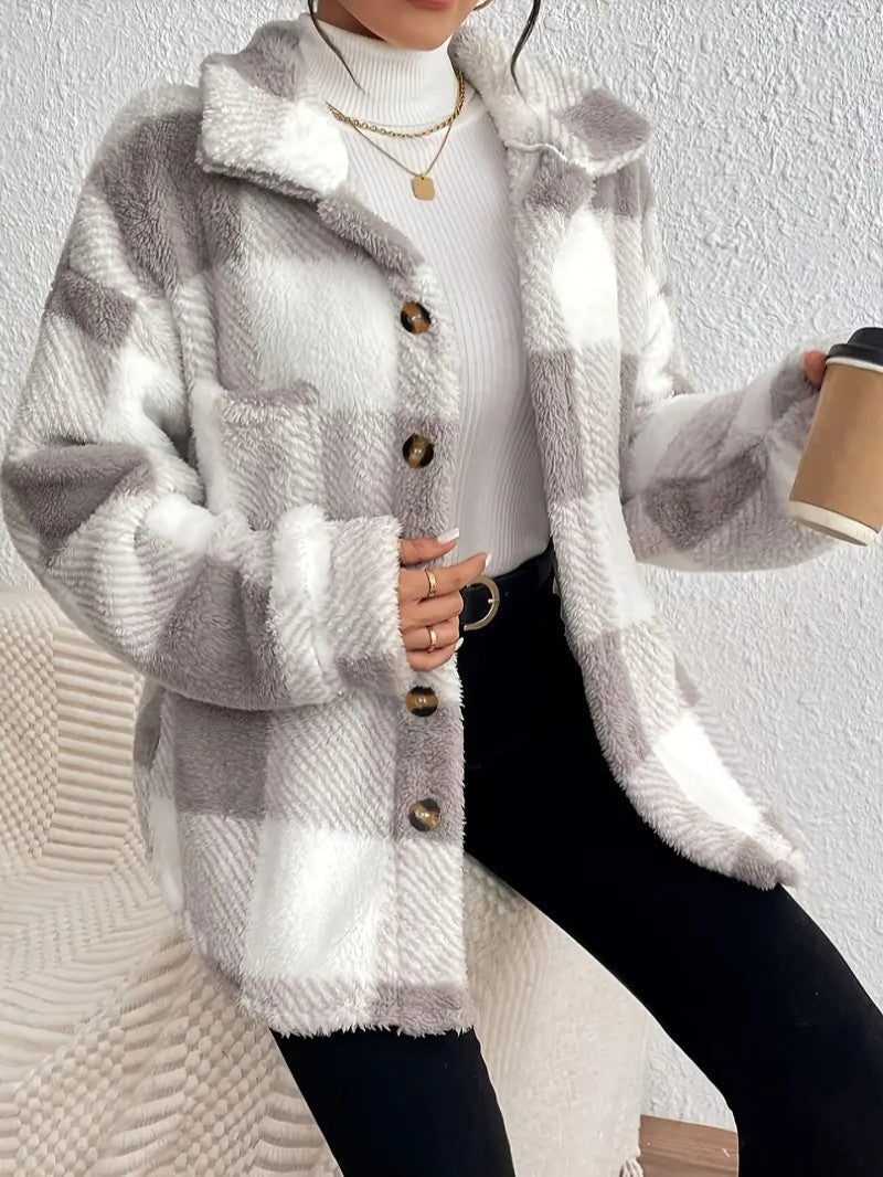 Women's Fluffy Button-Up Plaid Coat in Oversized Fit