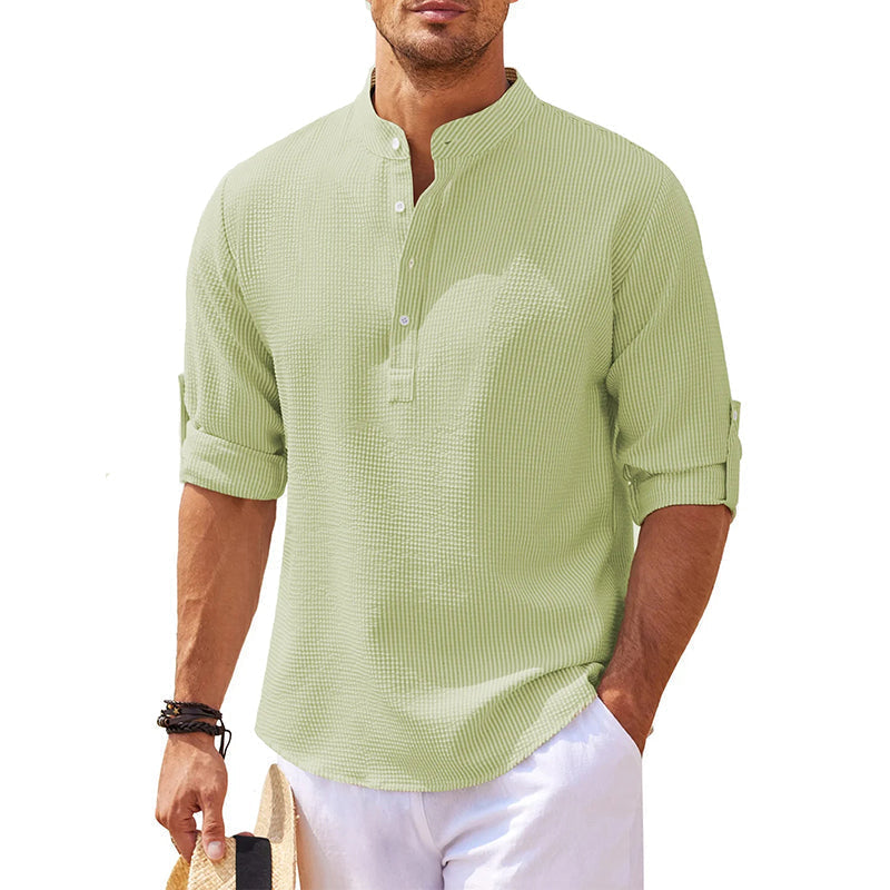 Men's Grandad Collar Roll Sleeve Summer Popover Shirt