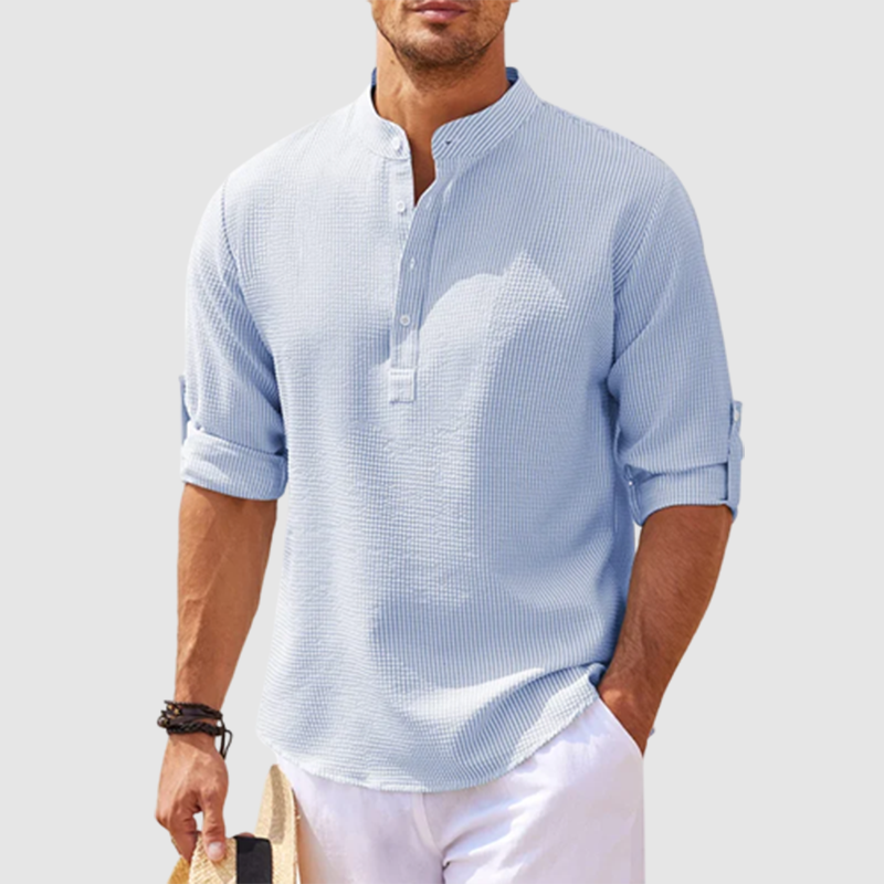 Men's Grandad Collar Roll Sleeve Summer Popover Shirt