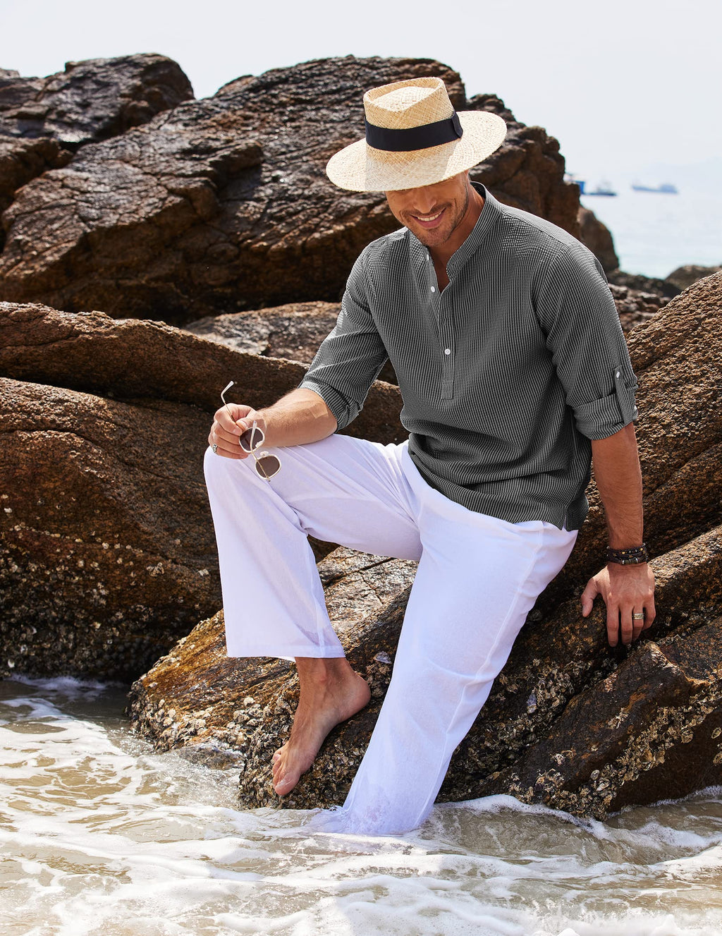 Men's Grandad Collar Roll Sleeve Summer Popover Shirt