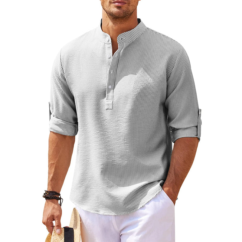 Men's Grandad Collar Roll Sleeve Summer Popover Shirt