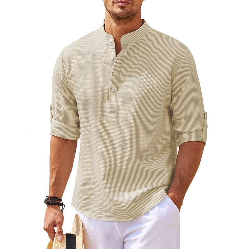 Men's Grandad Collar Roll Sleeve Summer Popover Shirt