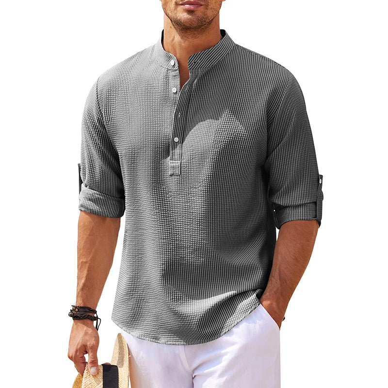 Men's Grandad Collar Roll Sleeve Summer Popover Shirt