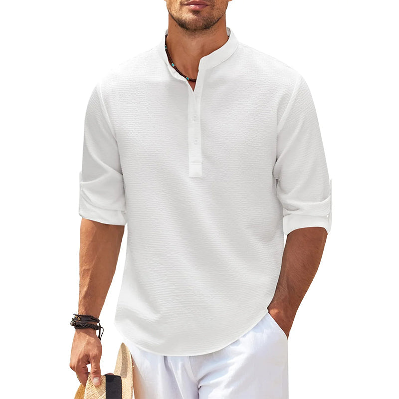 Men's Grandad Collar Roll Sleeve Summer Popover Shirt