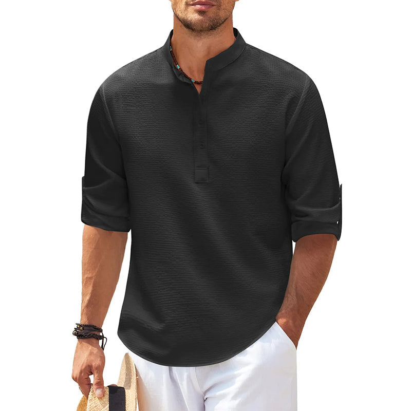 Men's Grandad Collar Roll Sleeve Summer Popover Shirt