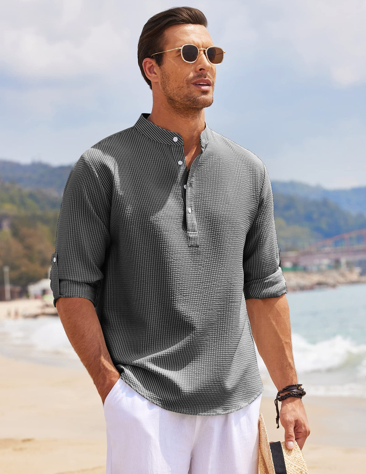 Men's Grandad Collar Roll Sleeve Summer Popover Shirt