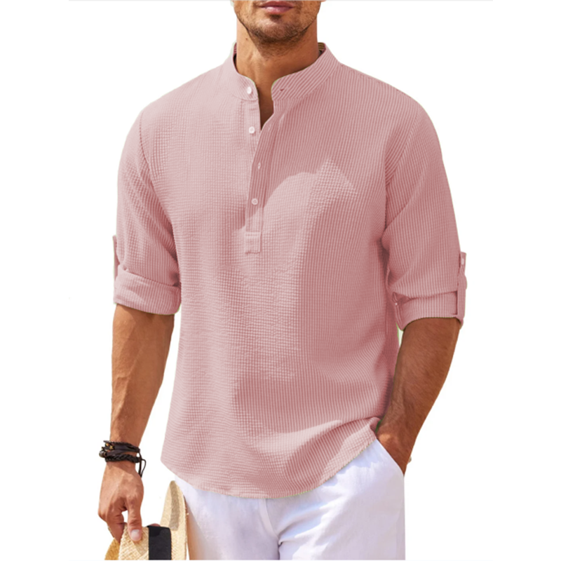 Men's Grandad Collar Roll Sleeve Summer Popover Shirt