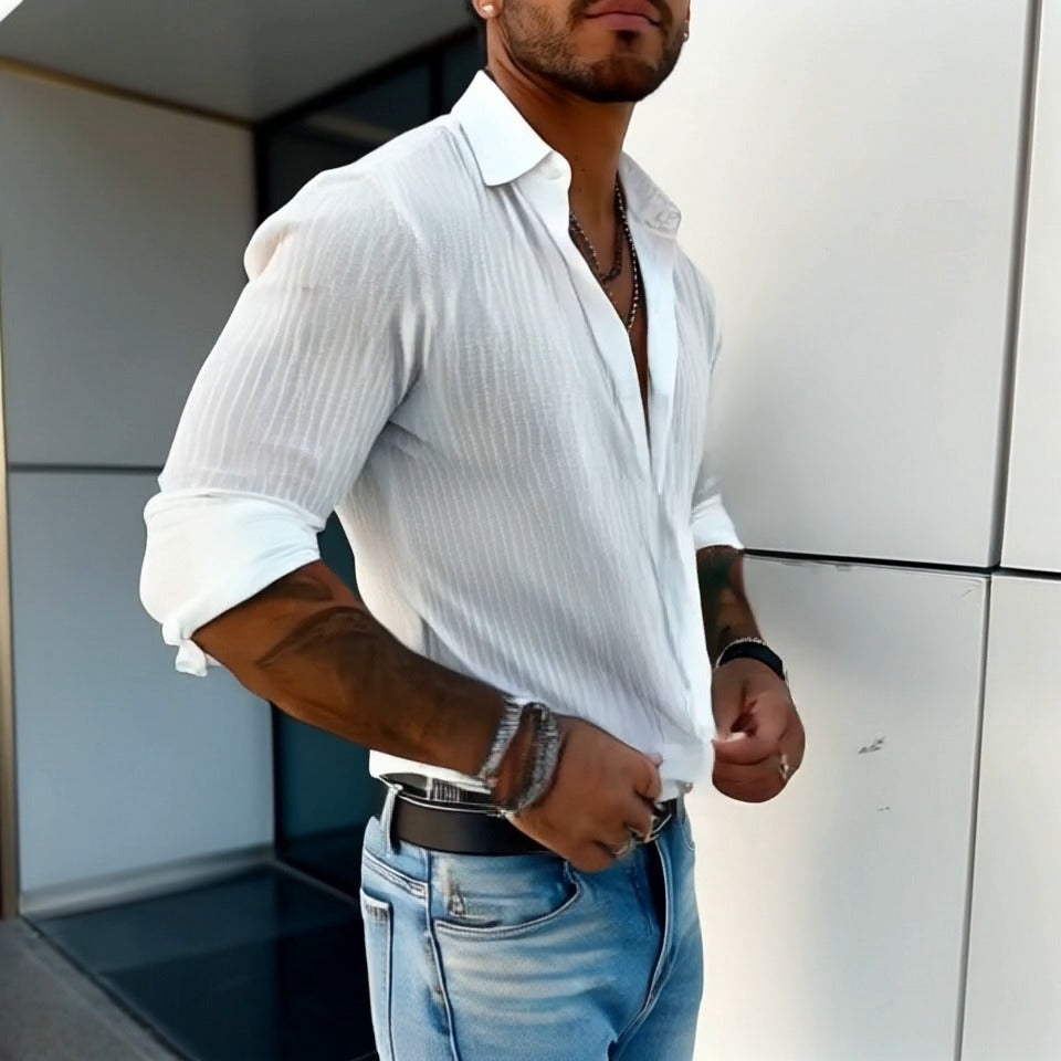 Men's Slim Ribbed Texture Button-Up Summer Shirt