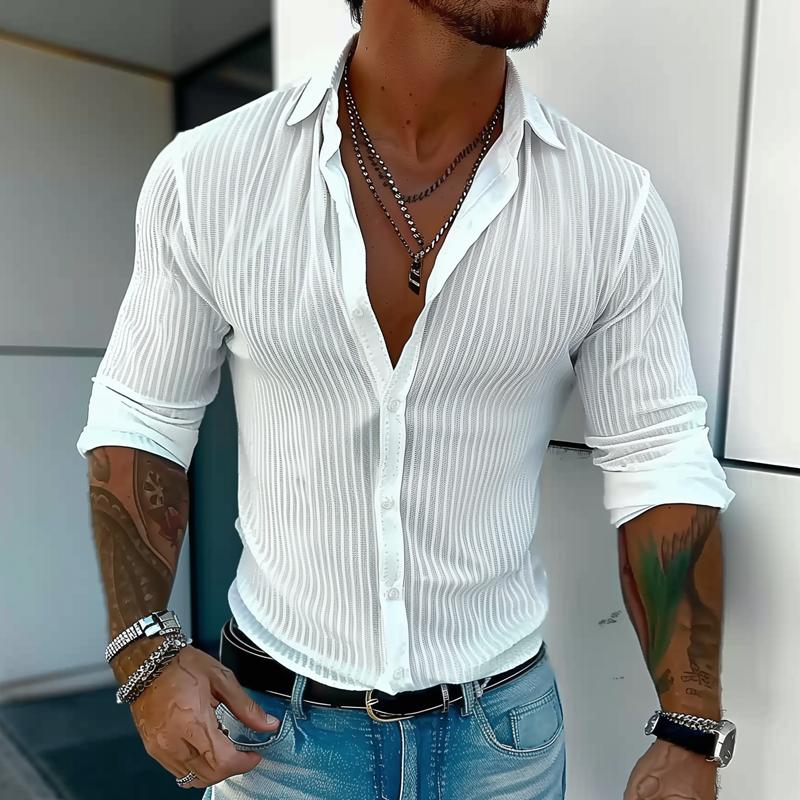 Men's Slim Ribbed Texture Button-Up Summer Shirt