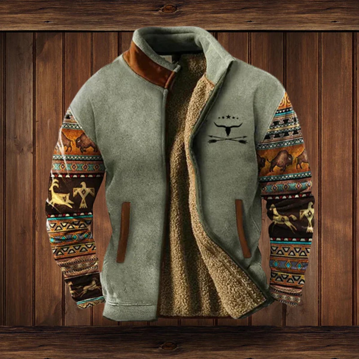 Men's Sherpa Lined Aztec Pattern Cardigan Coat