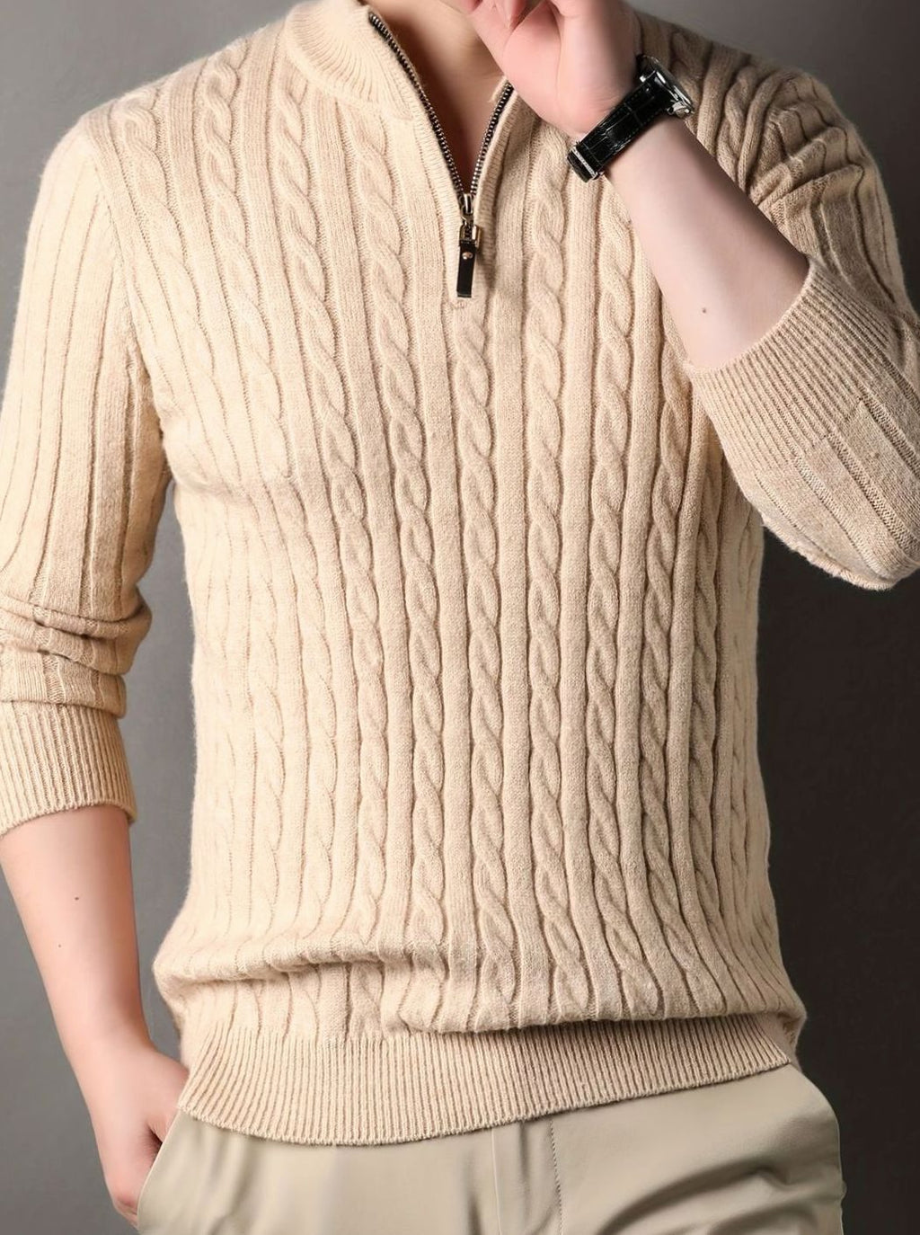 Men's Ribbed Cuff Half-Zip Cable Knit Pullover