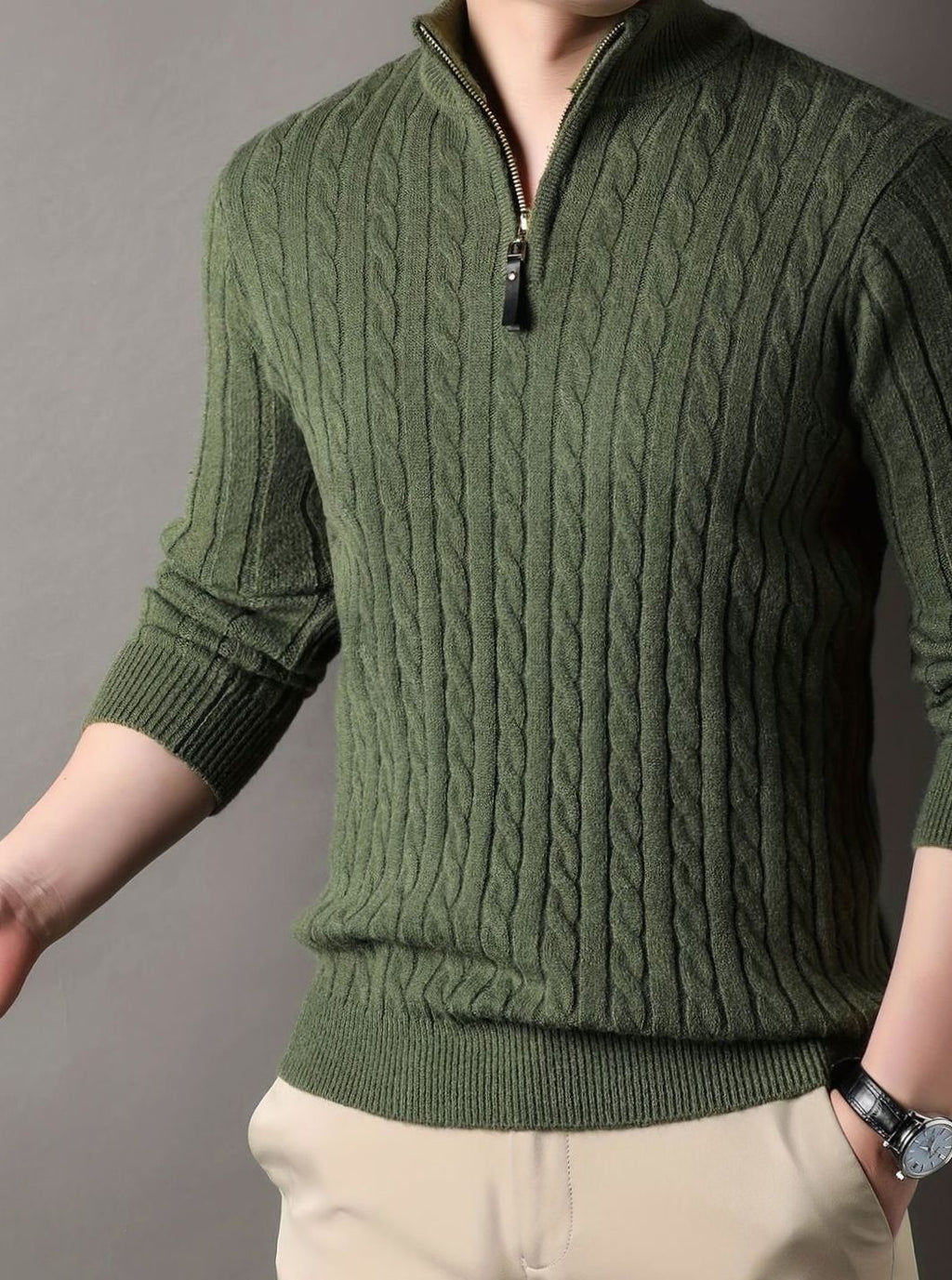 Men's Ribbed Cuff Half-Zip Cable Knit Pullover