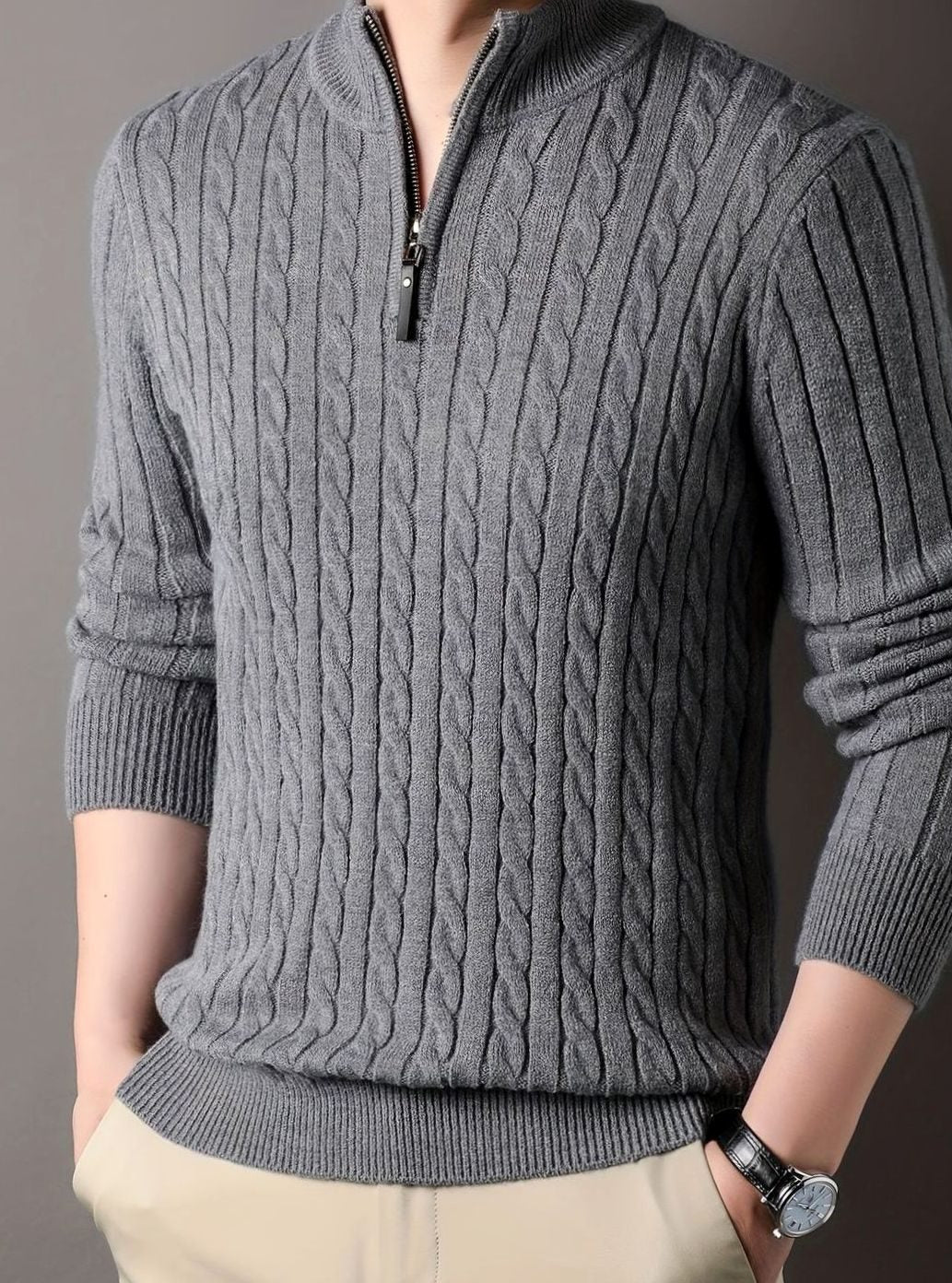 Men's Ribbed Cuff Half-Zip Cable Knit Pullover