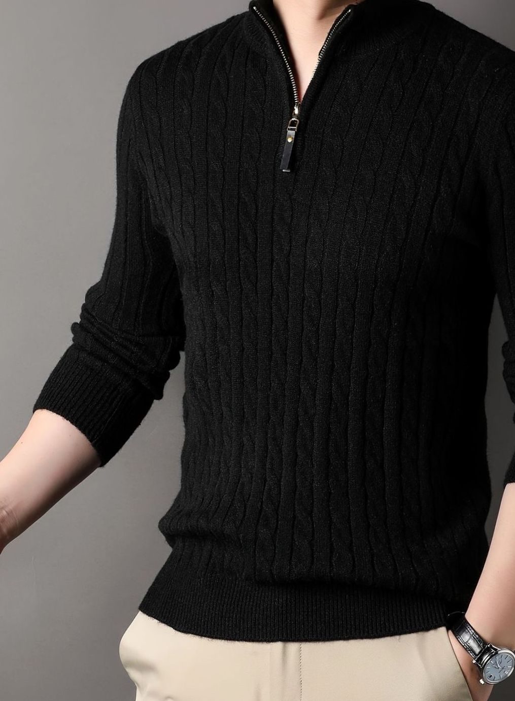 Men's Ribbed Cuff Half-Zip Cable Knit Pullover