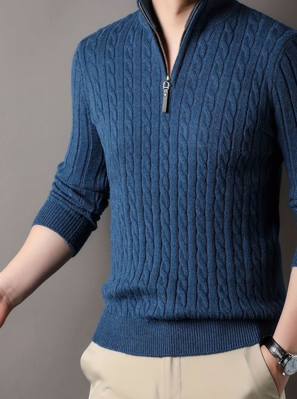 Men's Ribbed Cuff Half-Zip Cable Knit Pullover