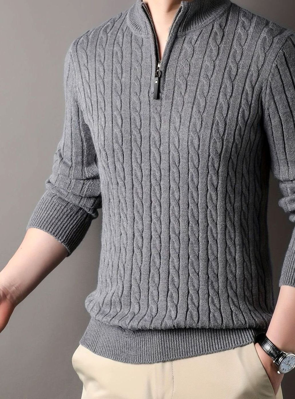 Men's Ribbed Cuff Half-Zip Cable Knit Pullover